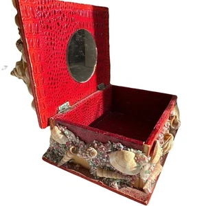 Vintage Red Seashell Embellished Jewelry Box with Mirror - Picture 1 of 4