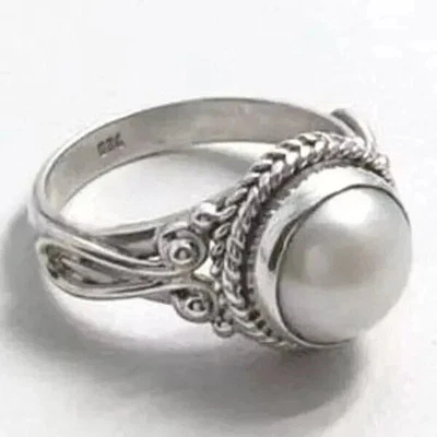 Pearl Gemstone Ring 925 Sterling Silver Handmade Dainty Women Ring All Size C520 - Image 1 of 4