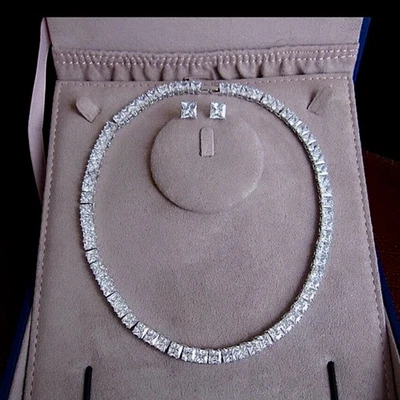 18k White Gold Plated Princess Tennis Necklace Earrings made w Swarovski Crystal - Image 1 of 4