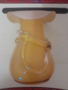Large Hand Blown Art Glass Vase Cased Yellow Applied Ribbon Trail MCM Vintage - Picture 1 of 5