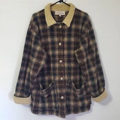 Abrigo abotonado vintage Tasha Polizzi marrón a cuadros manta Sherpa polar Foto 1 de 4