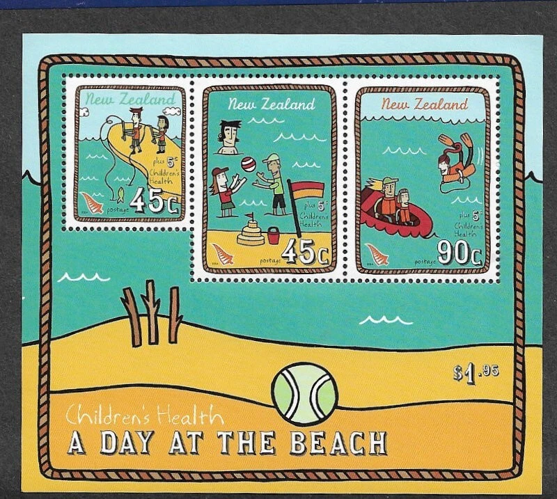 NUEVA ZELANDA UN DÍA EN LA PLAYA SALUD DIBUJOS ANIMADOS ANIMACIÓN MNH MIN HOJA Foto 1 de 1