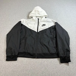 Nike Jacket Woman M White Black Logo Swoosh Full Zip Sporty Gym Crop Hooded - Picture 1 of 8