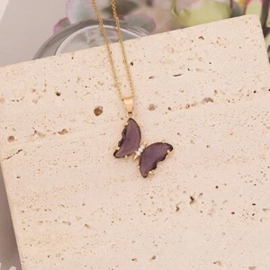 Gold Colored Butterfly Necklace-Deep Purple - Picture 1 of 1