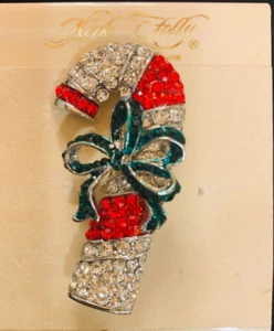 Kirks Folly Crystal Studded Red & White Candy Cane w/Green Bow Pin Silver-tone - Picture 1 of 3