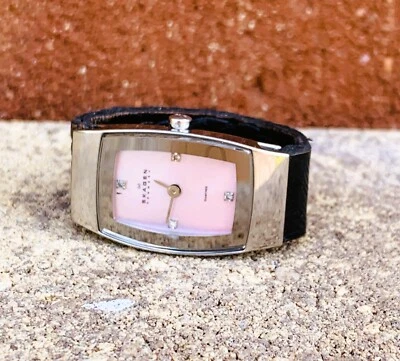 Skagen Silver/Pink MOP/Diamond Custom Black Leather Band Watch Ring Sz 9 US - Image 1 of 4