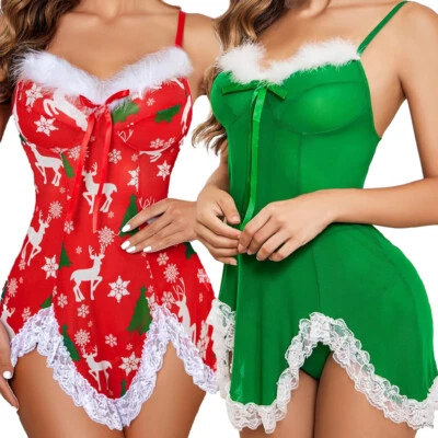 Conjunto de ropa interior de disfraz de encaje Babydoll de Santa Babydoll de Navidad para mujeres sexy Foto 1 de 4