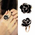 Nice Fashion Crystal Black Adjustable Rose Flower Ring Gold