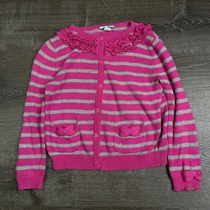 Hartstrings Girls Cardigan Sweater Knit Pink Silver Striped Button L/S Size 6 - Picture 1 of 5
