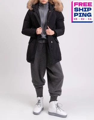 RRP€782 WOOLRICH Down Parka Jacket Size L Black Logo Hooded Raccoon Fur Trim - Image 1 of 4