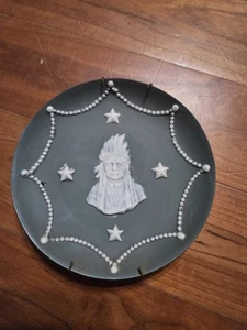 Antique Jasperware Decorative Plate Green Shafer & Vater Native American Chief - Picture 1 of 15