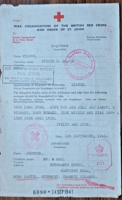 Guernsey 1941 UK Red Cross to Guernsey & Return with Coupon Reponse cachet - Image 1 of 3