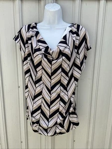 New York & Company Women Blouse Black  Tan Chevron Size L Tan Black - Picture 1 of 7