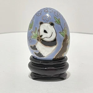 Panda Bears Mini Hand Painted Solid Glass Egg + Stand 2” Tall Total Blue Vintage - Picture 1 of 8