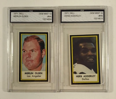 1971 Dell NFL Football Cards Merlin Olsen Herb Adderley FGS Graded Gem Mint 10 - Image 1 of 2