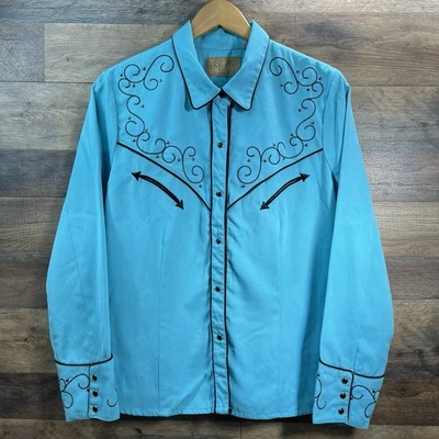 Camisa bordada Scully Western Pearl Snap feminina tamanho grande azul anos 90 rodeio - Imagem 1 de 4