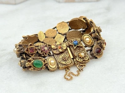 Vintage Goldette Signed Double-Strand Slide Charm Bracelet Victorian Revival - Image 1 of 4