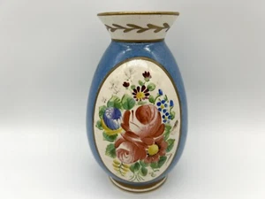 Vintage French Pottery Blue 5.5” Vase Hand Painted Flowers by Lauret, Paris - Picture 1 of 10