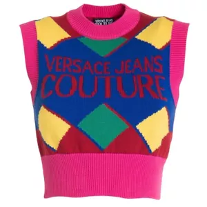 VERSACE JEANS COUTURE Top Gilet Maglioncino corto senza maniche Multicolore Logo - Foto 1 di 14