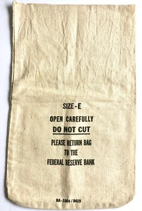 VINTAGE LARGE SIZE E U.S. FEDERAL RESERVE BANK CANVAS CURRENCY / COIN BAG - Picture 1 of 3