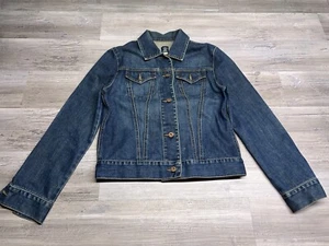 Vintage GAP Womens Denim Jacket Dark Wash Blue Stretch Sz M Trucker Snap Button - Picture 1 of 16
