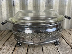 VINTAGE Early AGEE PYREX CASSEROLE DISH Silver Plated EPNS LEWBURY STAND - Picture 1 of 8