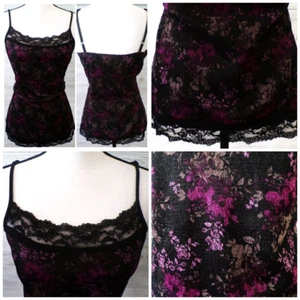 Y2K Cami L Black Sheer floral Lace Dark Fairy Deep purple Goth Elena Gilbert New - Picture 1 of 12