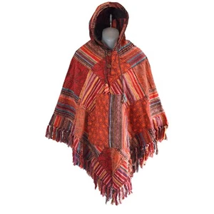 Red Poncho Patchwork Unisex Boho Baja Festival Hippie Hood Triangle Mexican - Picture 1 of 4