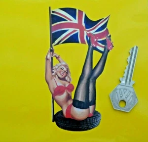 Pin-Up Girl Tyre with Union Jack Flag Classic Race Car Bike Sticker 5" Retro - Picture 1 of 1