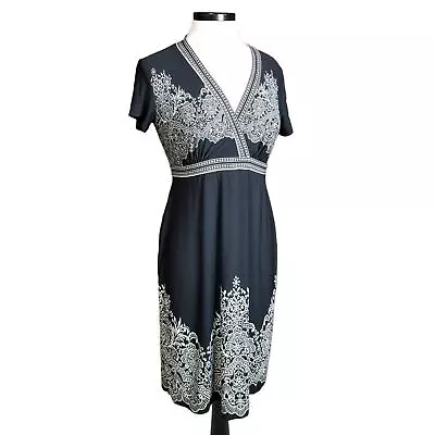 A Pea in the Pod Maternity Dress Medium Black White Damask Midi   - Image 1 of 4