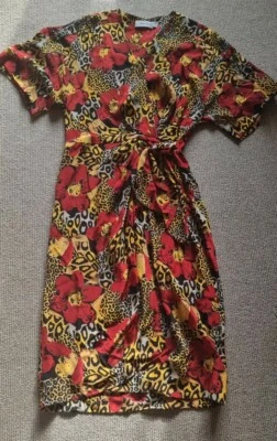 Vintage 80s Adrianna Papell Cocktail Wrap Dress Silk Red Gold Black Print US 10 - Image 1 of 4