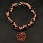 Caramel Brown & Garnet Colored Glass Bead Carved Pendant Collar Necklace