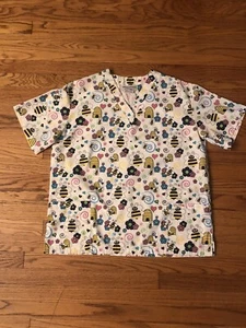Women’s Scrub Top Medium Honey Bees Vet Nursing Workwear Casual - Picture 1 of 10