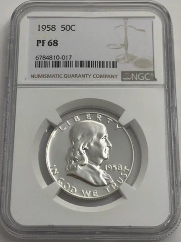 1958 NGC PF68 PROOF BEN FRANKLIN HALF DOLLAR 50c 90% SILVER WHITE COIN WHITE LBL Cover