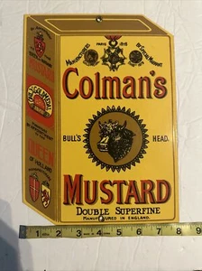 "LETRERO DE PORCELANA DE METAL ESMALTADO PESADO COLMAN TOROS MOSTAZA ESCUCHADOS 8"" POR 11" - Imagen 1 de 2