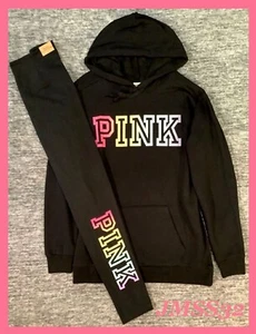 Victoria's Secret Pink Ombre Rainbow Campus Hoodie + Leggings Set Black M NWT - Picture 1 of 10