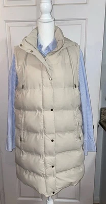 ZARA Long Line Puffer Hooded Vest Sz M 39 Chest Quilted Body Warmer Beige - Image 1 of 4