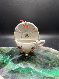 Bolsillo de pared japonés vintage pintado a mano rosa floral hecho en Japón ocupado - Imagen 1 de 9