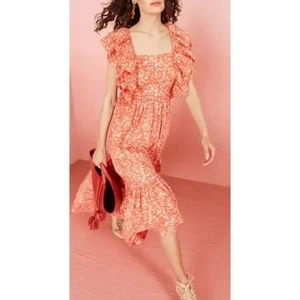 Ulla Johnson Freida Dress Womens 4 Coral Midi Cotton Floral Tie Back Ruffle - Picture 1 of 8