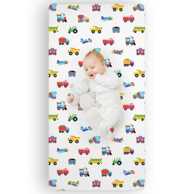 Kids Microfiber Crib Sheet, Soft Breathable Fitted Mattress, Trains Planes - Image 1 of 4