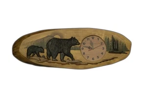 Zeckos Black Bear Family Hand Crafted Intarsia Wood Art Wall Clock 30 Inches - Picture 1 of 1