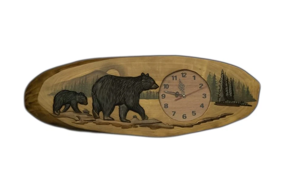 Zeckos Black Bear Family Hand Crafted Intarsia Wood Art Wall Clock 30 Inches - Image 1 of 1