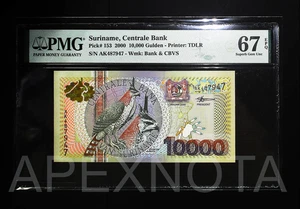 SURINAME 10000 10,000 GULDEN 2000 P153 PMG 67 SUPERB GEM UNC EPQ BIRD FLOWER SET - Picture 1 of 4