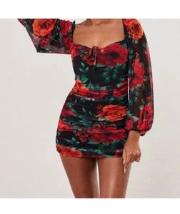 Missguided transparentes Netz Langarm Rose Stretch Midikleid Gr. 6 sexy figurbetont Mini - Bild 1 von 6