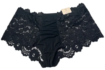 Cabernet Hipster 女式小号黑色 4236 弹力花边男孩腿网眼内裤 — 第 1/4 张图片