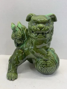 Vintage 1965 12” Ceramic Foo Dog Green Glazed With Crystal Type Eyes MCM - Picture 1 of 9