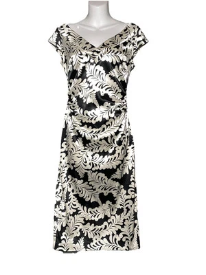 Maggy London Womens Midi Dress Size 6 Black White Printed Cap Sleeve Faux Wrap - Image 1 of 4