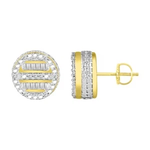 Baguette Round Diamond Mens Stud Earrings 10k Yellow Gold Screw back - Picture 1 of 2