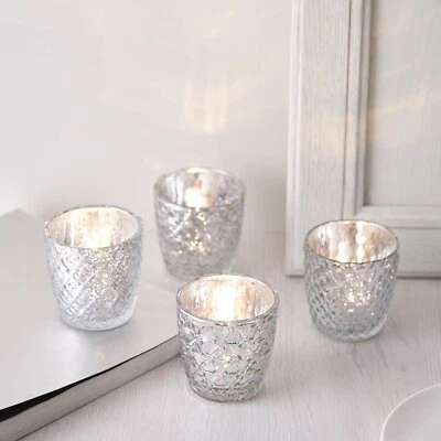 6 SILVER 3" Glass VOTIVE CANDLE HOLDER Assorted Geometric Designs Wedding Party - Image 1 of 4