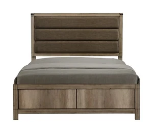 1pc Rustic King Size Fabric Upholstered Panel Bed Melamine Woodgrain Finish - Picture 1 of 4